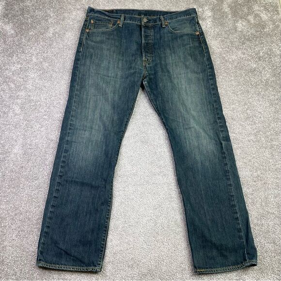 Levi’s 505 Jeans Men’s 36X28.5 Blue Straight Mid-Rise Dark Denim Button Fly - Picture 1 of 13
